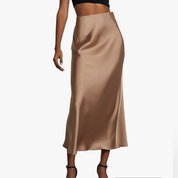 Poly Hux Dresses & Skirts - Elegant Satin Tan Midi Skirt